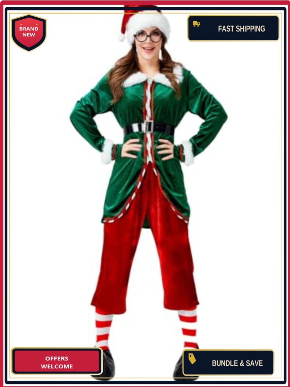 Adult Elf Costume 6 Pc Christmas Holiday Party Outfit Polyester Faux Leather